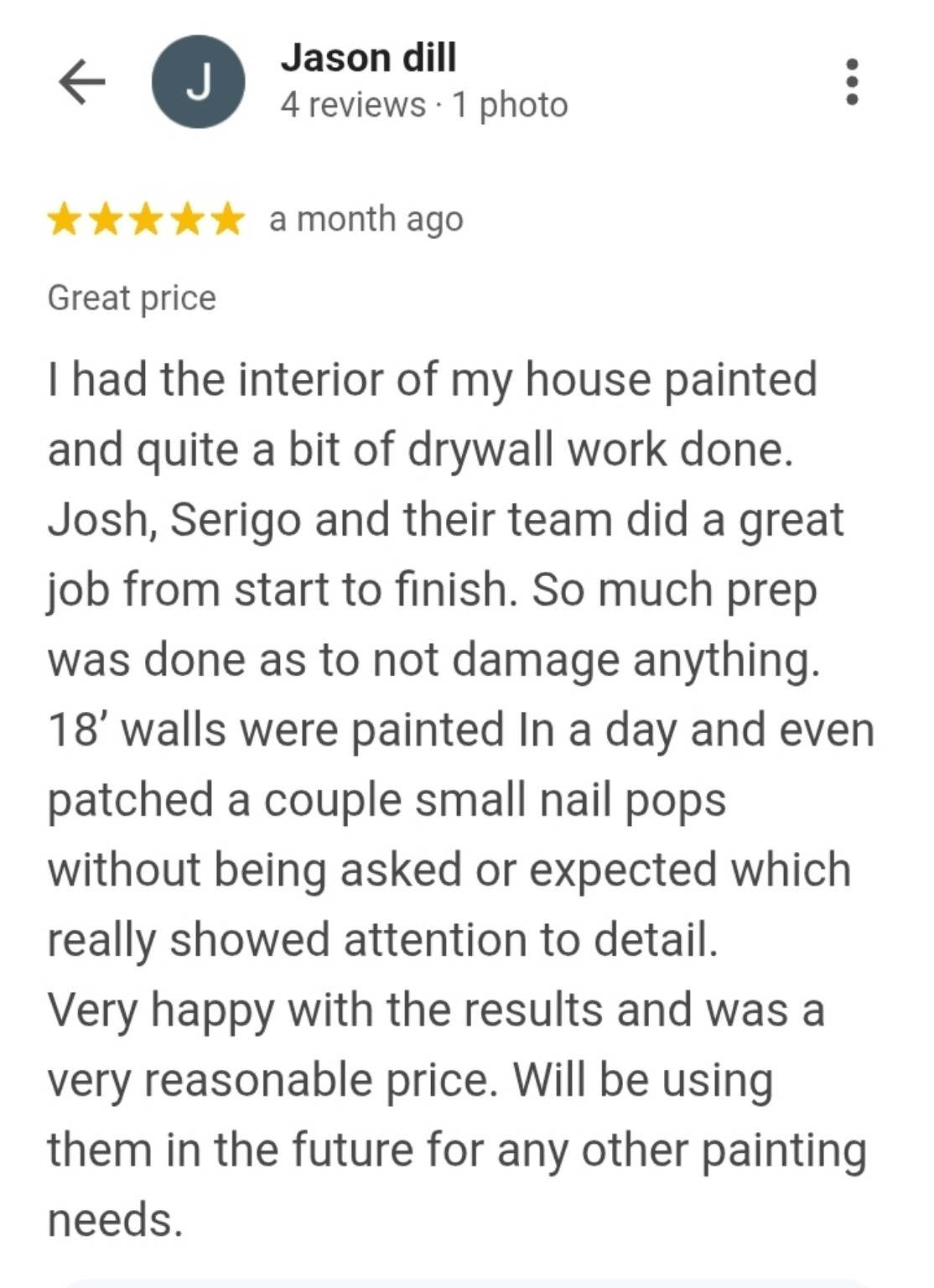 Customer review describing interior painting and drywall work.